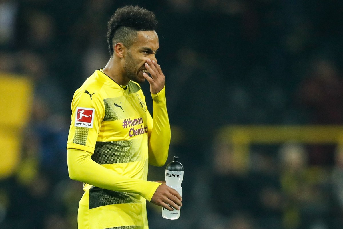 epa06333459 (FILE) Dortmund's Pierre-Emerick Aubameyang reacts after the German Bundesliga soccer match between Borussia Dortmund and Bayern Munich in Dortmund, Germany, 04 November 2017 (reissue ...