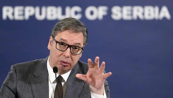 Serbian President Aleksandar Vucic speaks during a public address in Belgrade, Serbia, Monday, Jan. 23, 2023. Serbia would face a halt in European Union integration and economic and political isolatio ...