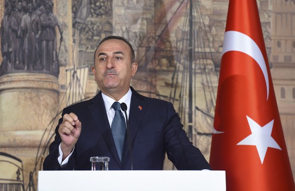 Turkish Foreign Minister Mevlut Cavusoglu speaks during a joint press conference with NATO Secretary General Jens Stoltenberg, in Istanbul, Friday, Oct. 11, 2019. NATO&#039;s secretary-general says he ...