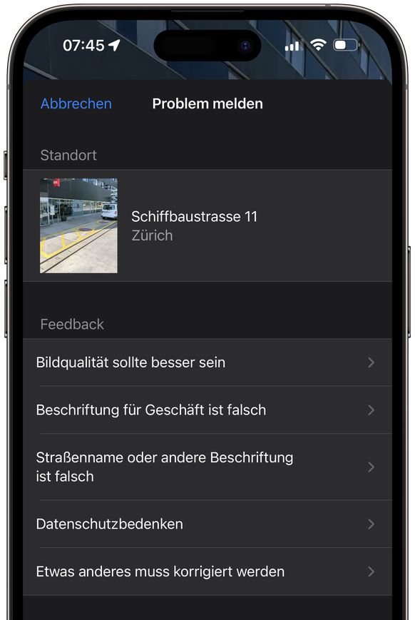Apple Maps lebt auch vom Crowdsourcing. Über die App lassen sich verschiedene Rückmeldungen machen. Und man kann Datenschutzbedenken anmelden.
