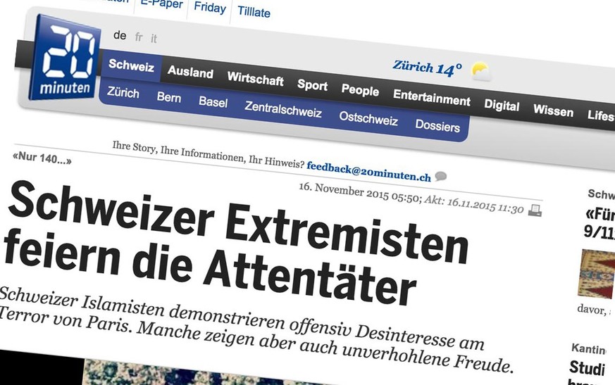 Bei «20 Minuten Online» prominent platzierte Breitseite gegen den Islamischen Zentralrat und angeblich «extremistische&nbsp;Islamisten» in der Schweiz.<br data-editable="remove">