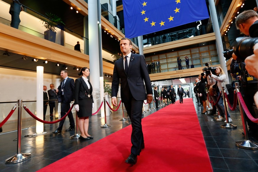 epa06059335 French President Emmanuel Macron arrives for the European ceremony in honour for the late former German Chancellor Helmut Kohl in the European Parliament in Strasbourg, France, 01 July 201 ...