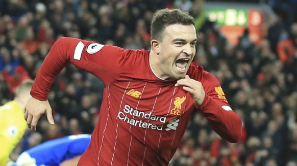 Liverpool&#039;s Xherdan Shaqiri celebrates his goal against Everton during the English Premier League soccer match between Liverpool and Everton at Anfield Stadium, Liverpool, England, Wednesday, Dec ...