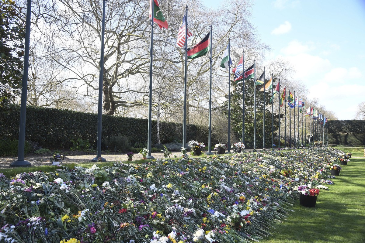 The flowers, tributes and messages left by members of the public outside Buckingham Palace following the death of Prince Philip are on display in the gardens of Marlborough House, London, Thursday Apr ...