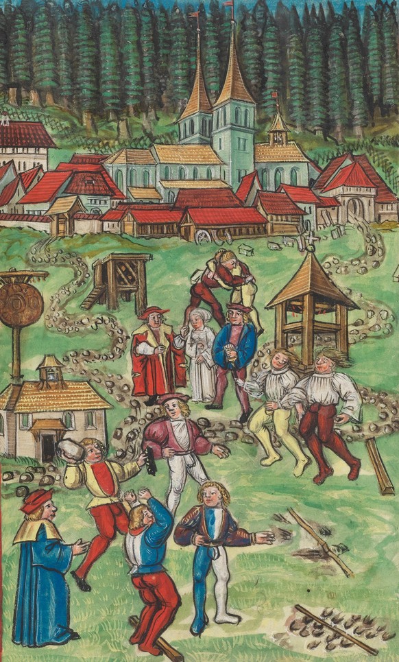 Landsknechte vertreiben sich die Zeit mit sportlichen Wettkämpfen. Abbildung aus der Eidgenössischen Chronik des Luzerners Diebold Schilling, um 1513.
https://www.e-codices.unifr.ch/de/kol/S0023-2/557