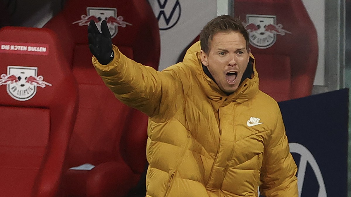 Leipzig's head coach Julian Nagelsmann reacts during the German Bundesliga soccer match between RB Leipzig and TSG 1899 Hoffenheim in Leipzig, Germany, Friday, April 16, 2021. (Jan Woitas/Pool vi ...