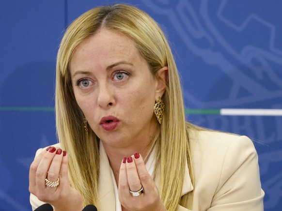 epa10846883 Italian Prime Minister Giorgia Meloni speaks during a press conference at the end of a meeting of the Council of Ministers, in Rome, Italy, September 7, 2023. The Italian government on September 7…