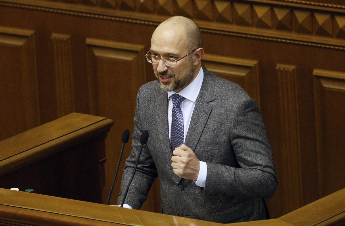 Ukraine's newly elected Prime Minister Denis Shmygal speaks at the parliament session hall in Kyiv, Ukraine, Wednesday, March 4, 2020. Lawmakers voted vice prime minister Smygal to be the country ...