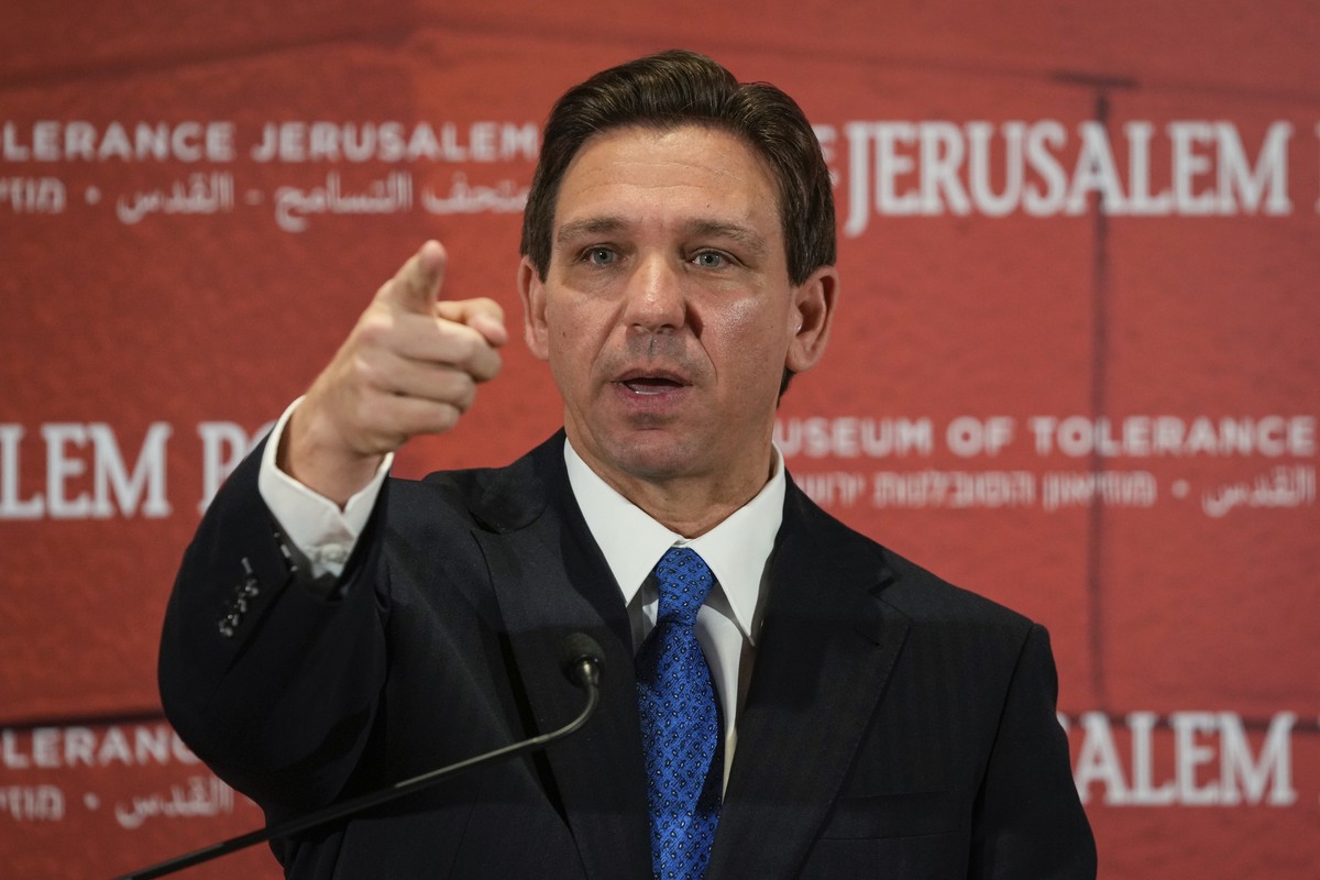 Florida Gov. Ron DeSantis speaks during a presser at a conference titled "Celebrate the Faces of Israel" at Jerusalem's Museum of Tolerance, Thursday, April 27, 2023. (AP Photo/Maya All ...