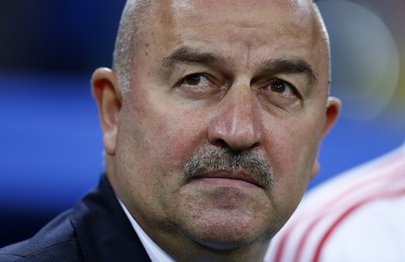 Russia head coach Stanislav Cherchesov stands prior to the start of the quarterfinal match between Russia and Croatia at the 2018 soccer World Cup in the Fisht Stadium, in Sochi, Russia, Saturday, Jul ...