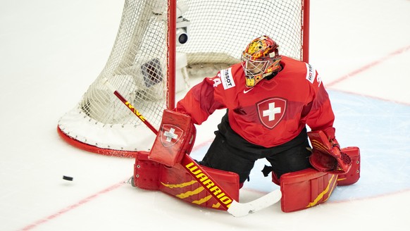 epa12119262 Goalkeeper Stephane Charlin of Switzerland in action during the IIHF 2025 Ice Hockey World Championship preliminary round group B game between Switzerland and Kazakhstan at the Jyske Bank  ...
