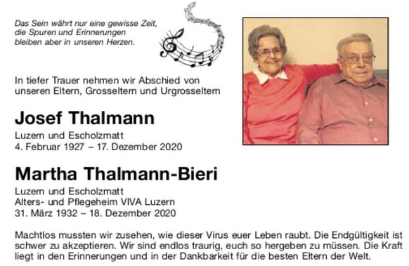 Die Todesanzeige von Martha und Sepp Thalmann.