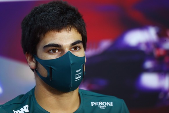 epa09097038 Canadian Formula One driver Lance Stroll of Aston Martin Cognizant F1 Team addresses to media during the Drivers Press Conference ahead of the Bahrain Formula One Grand Prix at the Sakhir ...