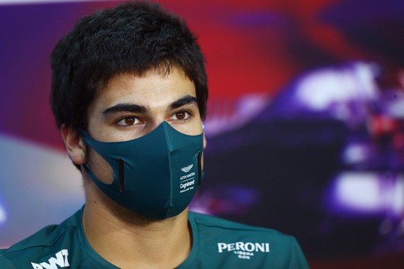 epa09097038 Canadian Formula One driver Lance Stroll of Aston Martin Cognizant F1 Team addresses to media during the Drivers Press Conference ahead of the Bahrain Formula One Grand Prix at the Sakhir  ...