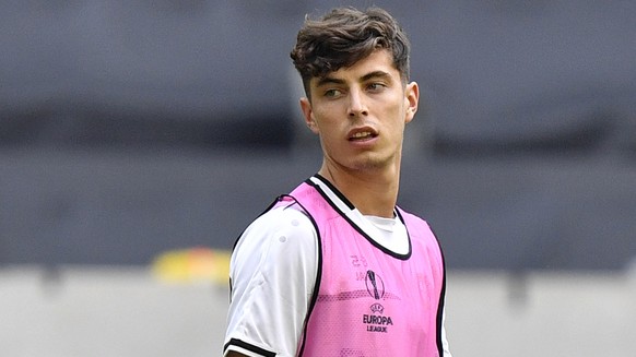 FILE - In this Sunday Aug. 9, 2020 file photo, Leverkusen&#039;s Kai Havertz looks around during a training session in Duesseldorf, Germany. Bayer Leverkusen forward Kai Havertz left the Germany natio ...