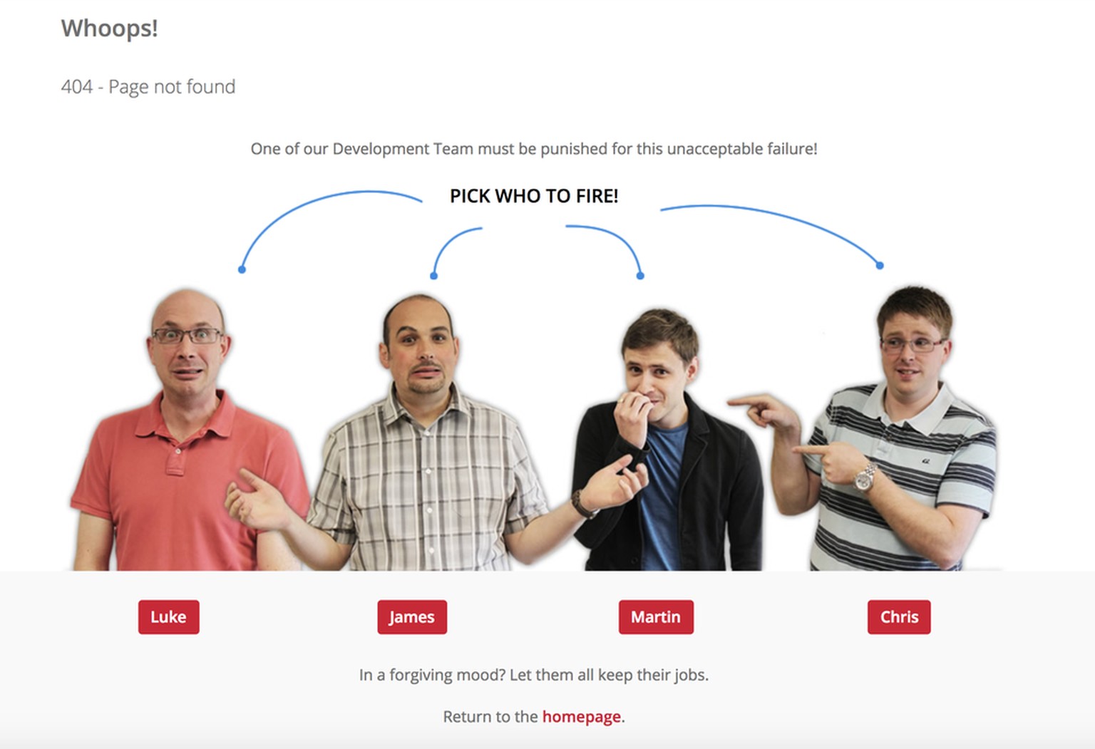 Error 404 - Seite wurde nicht gefunden: «Einer unserer Programmierer muss für diesen inakzeptablen Fehler bestraft werden! Wählen Sie, wer gefeuert werden soll!»