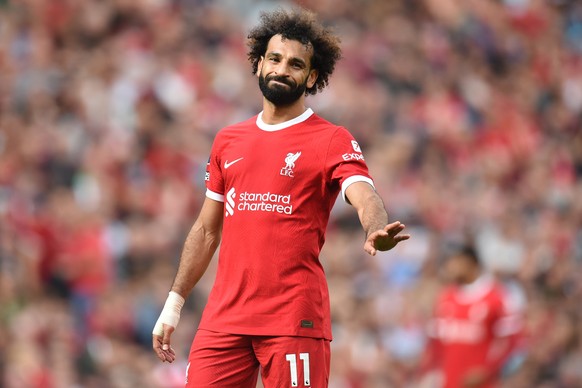 epa10807574 Mohamed Salah of Liverpool gestures during the English Premier League soccer match between Liverpool FC and AFC Bournemouth, in Liverpool, Britain, 19 August 2023. EPA/PETER POWELL EDITORI ...