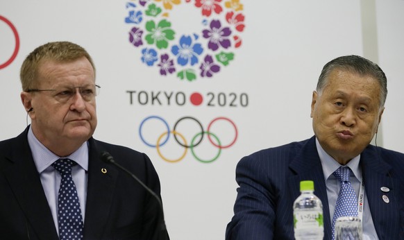 epa04284806 Yoshiro Mori (R), former Japanese prime minister and President of the Tokyo Organising Committee of the Olympic and Paralympic Games, and John Coates, Vice President of the International O ...