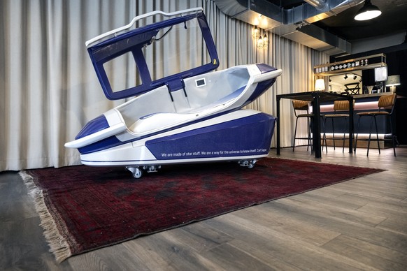 epa11483318 The death capsule &#039;Sarco&#039; developed by Exit International is presented during a press conference at Resilient Studios in Zurich, Switzerland, 17 July 2024. The Last Resort euthan ...