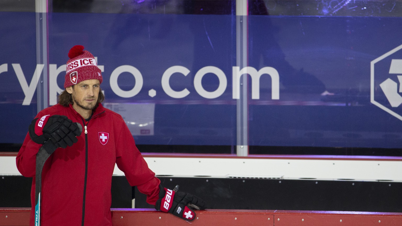 Patrick Fischer, head coach of Switzerland national ice hockey team, looks his players during a training session, at the IIHF 2021 World Championship quarter final game between Switzerland and Germany ...