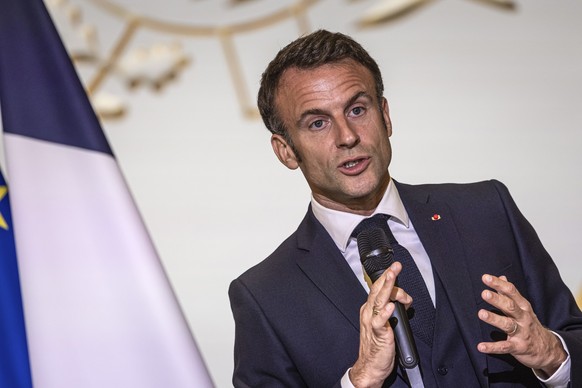 French President Emmanuel Macron speaks during a meeting with educators for professional integration through sports at Elysee Palace in Paris, Monday, Oct, 23 2023. French President Emmanuel Macron wi ...