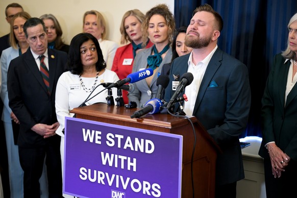 Sky Roberts, brother of Virginia Giuffre, speaks during a news conference with members of the Democratic Women's Caucus, Democratic Senators House Judiciary Committee Democrats, and survivors of  ...