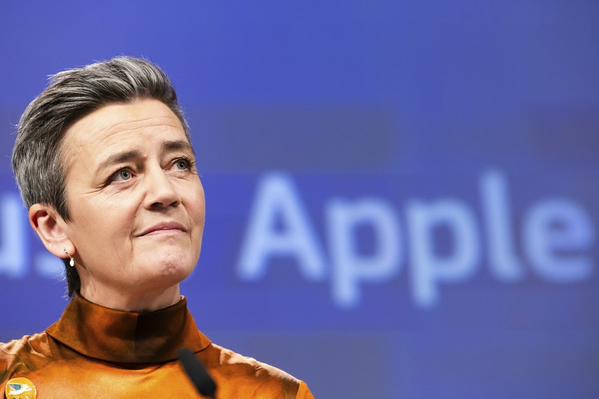 EU Commission vice president Margrethe Vestager addresses the media on Apple Music streaming services at EU headquarters in Brussels, Monday, March 4, 2024. Vestager addressed the media after the 27-n ...