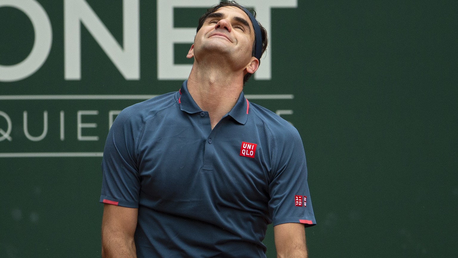 Roger Federer, of Switzerland, reacts after losing a game, during their second round match, at the ATP 250 Geneva Open tournament in Geneva, Switzerland, Monday, May 17, 2021. The matches of the Genev ...