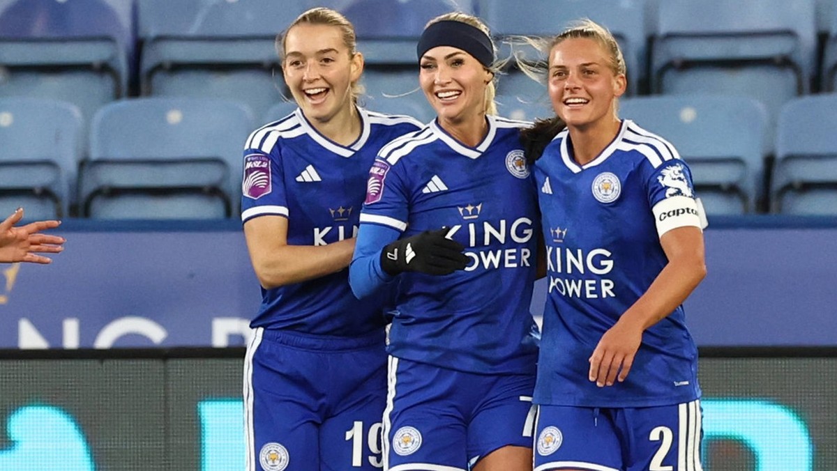 Leicester City Women v Southampton Women, Women s Championship GOAL 2-2 Leicester City forward Alisha Lehmann 7 center is congratulated by Missy Goodwin 10 &amp; Sarah Mayling 2 during the Women s Cha ...