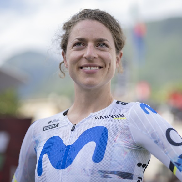 Marlen Reusser from Switzerland of Movistar Team poses during team presentation prior the 89th Tour de Suisse UCI World Tour cycling race, on Tuesday, June 16, 2026, in Sondrio, Italy. (KEYSTONE/Gian  ...