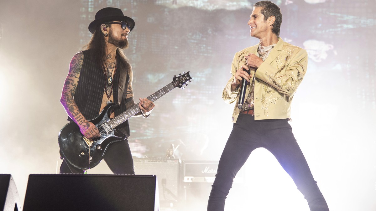 FILE - Dave Navarro, left. and Perry Farrell of Jane's Addiction perform at Louder Than Life Festival 2021 on Sept. 24, 2021, in Louisville, Ky. (Photo by Amy Harris/Invision/AP, File)
Dave Navar ...