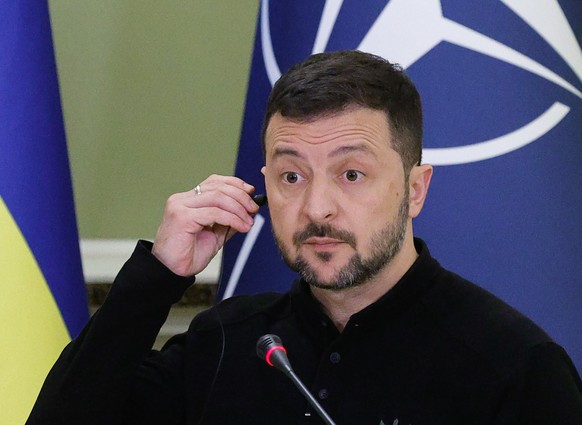 epa11639545 Ukrainian President Volodymyr Zelensky addresses a joint press conference with new NATO Secretary General Mark Rutte (not pictured) following their meeting in Kyiv, Ukraine, 03 October 202 ...