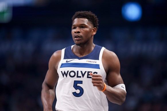 Minnesota Timberwolves guard Anthony Edwards runs the court before an NBA basketball game against the Dallas Mavericks, Monday, March 30, 2026, in Dallas. (AP Photo/Gareth Patterson)
Anthony Edwards