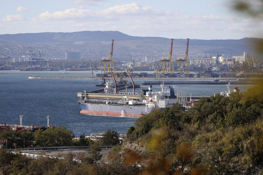 FILE An oil tanker is moored at the Sheskharis complex, part of Chernomortransneft JSC, a subsidiary of Transneft PJSC, in Novorossiysk, Russia, Tuesday, Oct. 11, 2022, one of the largest facilities f ...