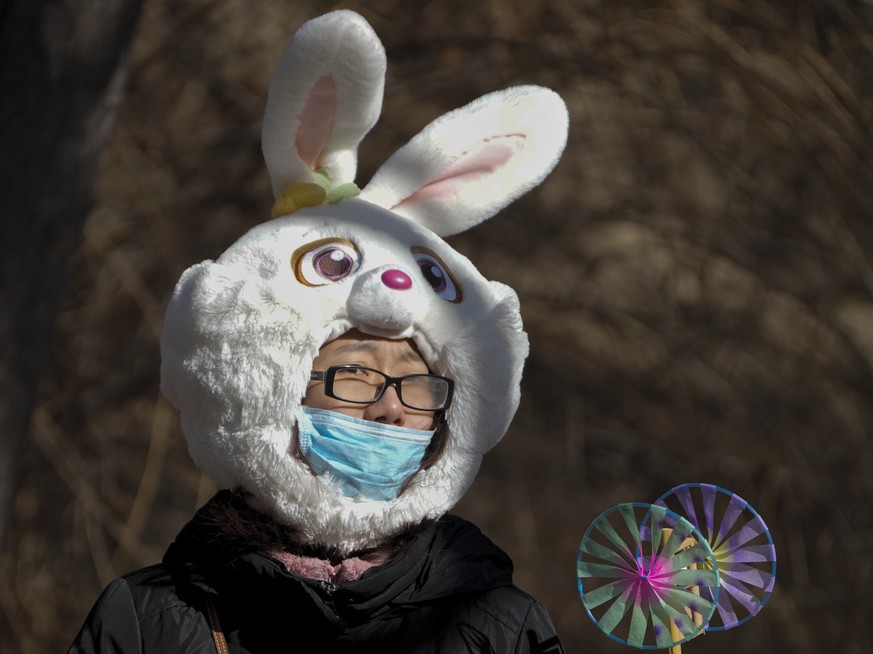 A woman wears a face mask and a rabbit headgear in freezing cold temperatures as she heads to a temple fair at the Yuanmingyuan Garden during the second day of the Lunar New Year celebrations in Beiji ...