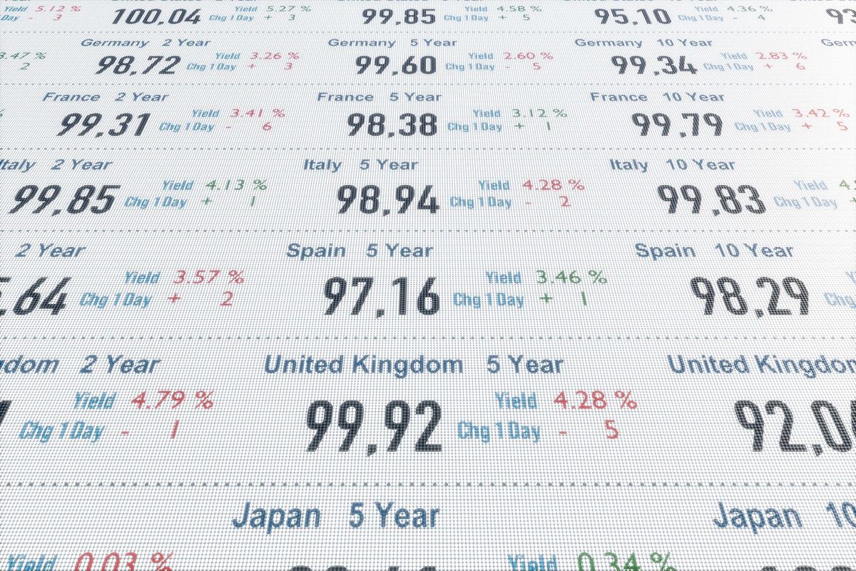 International bond market yield and prices. Global government bonds, yield and prices. Bond market trading, interest rates, financial markets, investment, stock market and exchange. 3D illustration bo ...
