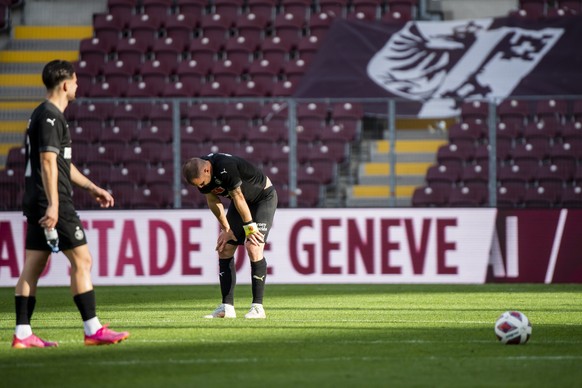 Deception du defenseur genevois Steve Rouiller, lors de la rencontre de demi-finale de la Coupe de Suisse entre Servette FC et FC St. Gallen le mercredi 5 mai 2021 au Stade de Geneve a Geneve. (KEYSTO ...