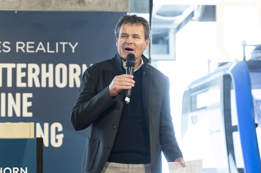 Franz Julen, Verwaltungsratspraesident Zermatt Bergbahnen, holding a speech at the valley station Testa Grigia of the new gondola during the official opening of the new Matterhorn Glacier Ride II from ...