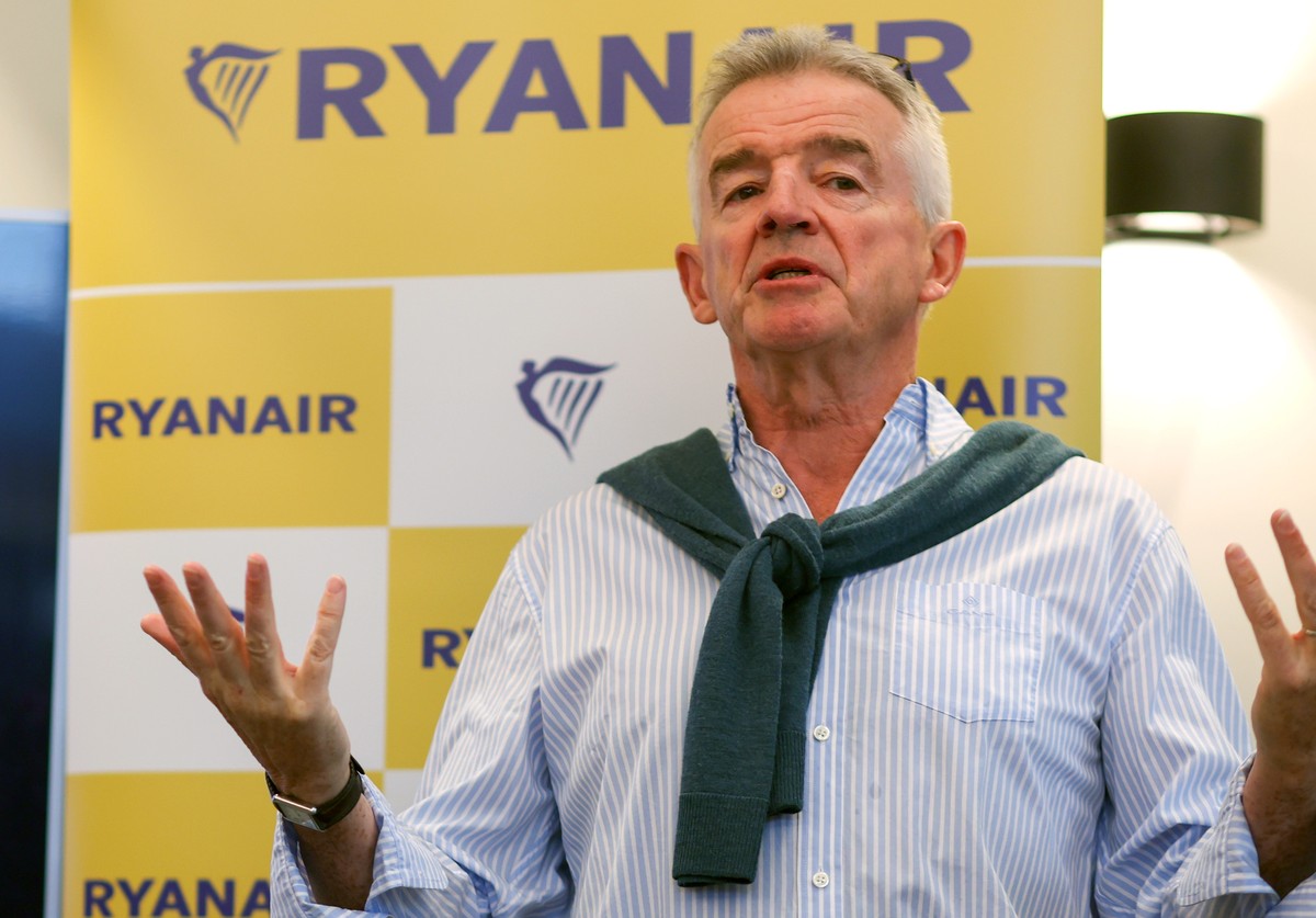 epa11566547 Ryanair group CEO Michael O'Leary speaks during a press conference in Brussels, Belgium, 27 August 2024. During the press conference Ryanair group CEO announced nine new routes from B ...