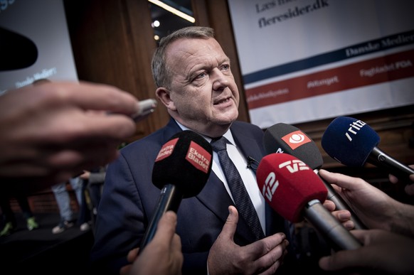 epa07553829 Danish Prime Minister Lars Lokke Rasmussen spekas to media in Copenhagen, Denmark, 07 May 2019. Prime Minister Rasmussen earlier today announced general elections to be held on 05 June 201 ...