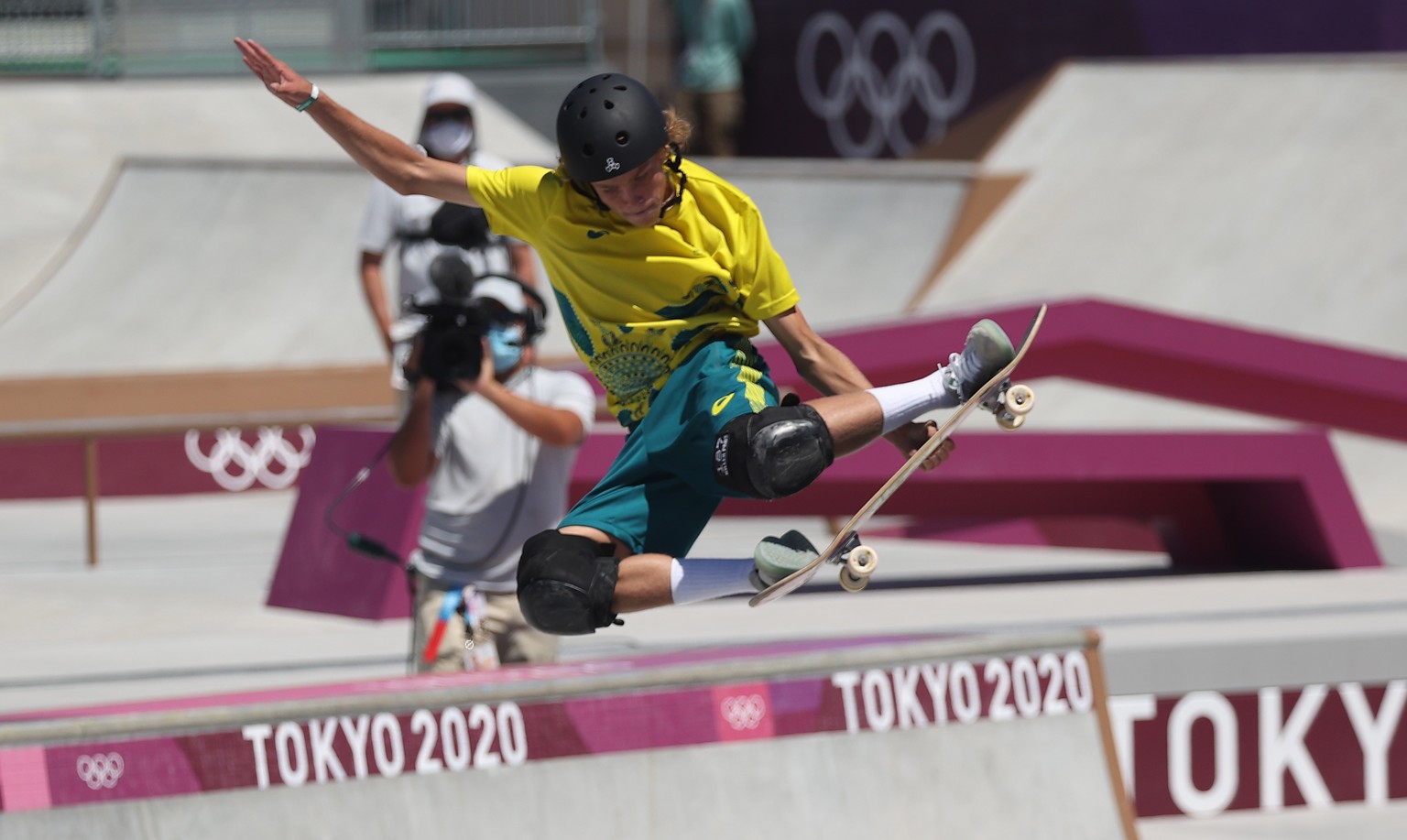 epa09396504 Keegan Palmer of Australia competes during the Men&#039;s Park Skateboarding Finals at the Tokyo 2020 Olympic Games at the Ariake Urban Sports Park in Tokyo, Japan, 05 August 2021. EPA/FAZ ...