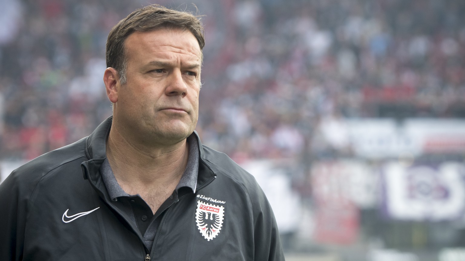 L’entraineur argovien Patrick Rahmen lors de la rencontre de football Super League - Challenge League de barrage match aller entre Neuchatel Xamax FCS et FC Aarau ce jeudi 30 mai 2019 au stade de la M ...