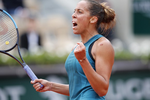 Madison Keys of the U.S. celebrates winning the first set against Madison Keys of the U.S. during their quarterfinal match of the French Open tennis tournament at the Roland Garros stadium in Paris, F ...