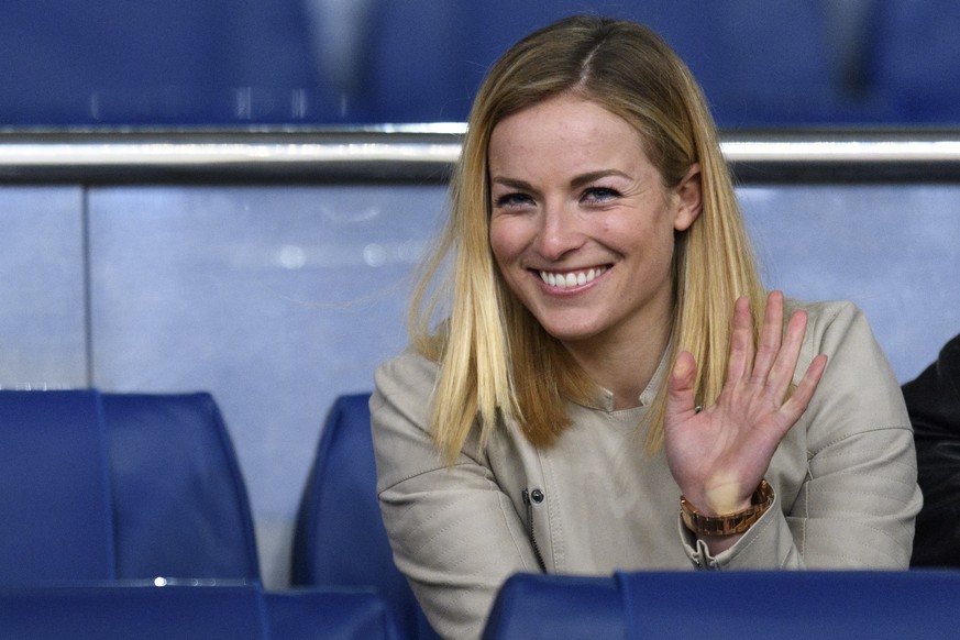 Swiss Lara Gut World Cup alpine ski racer and girlfriend of soccer player Valon Behrami seats on the tribune before an international friendly soccer match between Greece and Switzerland at the Olympic ...