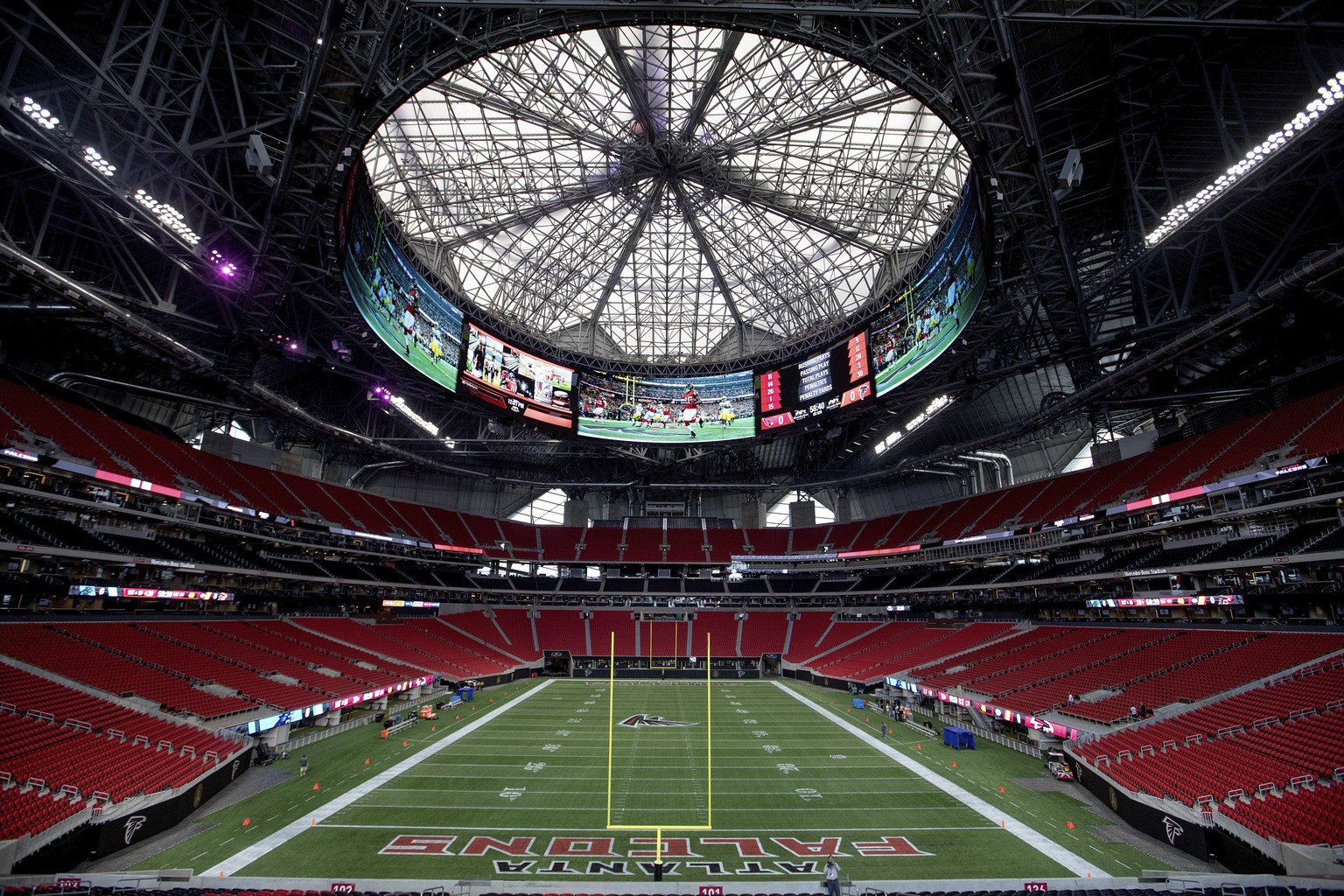 The Mercedes-Benz Stadium, the new home of the Atlanta Falcons football team and the Atlanta United soccer team, nears completion in preparation for its opening in Atlanta, Tuesday, Aug. 15, 2017. The ...