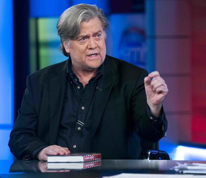 Former White House strategist Steve Bannon takes part in an interview with host Sean Hannity on the set of Fox News Channel&#039;s Hannity in New York, Monday, Oct 9, 2017. (AP Photo/Craig Ruttle)