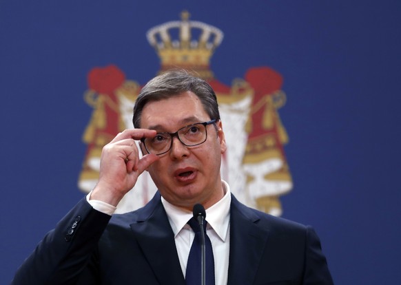 Serbian President Aleksandar Vucic speaks during a press conference in Belgrade, Serbia, Sunday, March 15, 2020. Vucic has declared a state of emergency in the country over the outbreak of the coronav ...