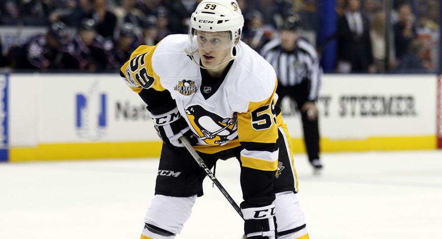 This Feb. 17, 2017 photo shows Pittsburgh Penguins forward Jake Guentzel on the ice during an NHL hockey game against the Columbus Blue Jackets in Columbus, Ohio. The leading goal scorer in the first  ...