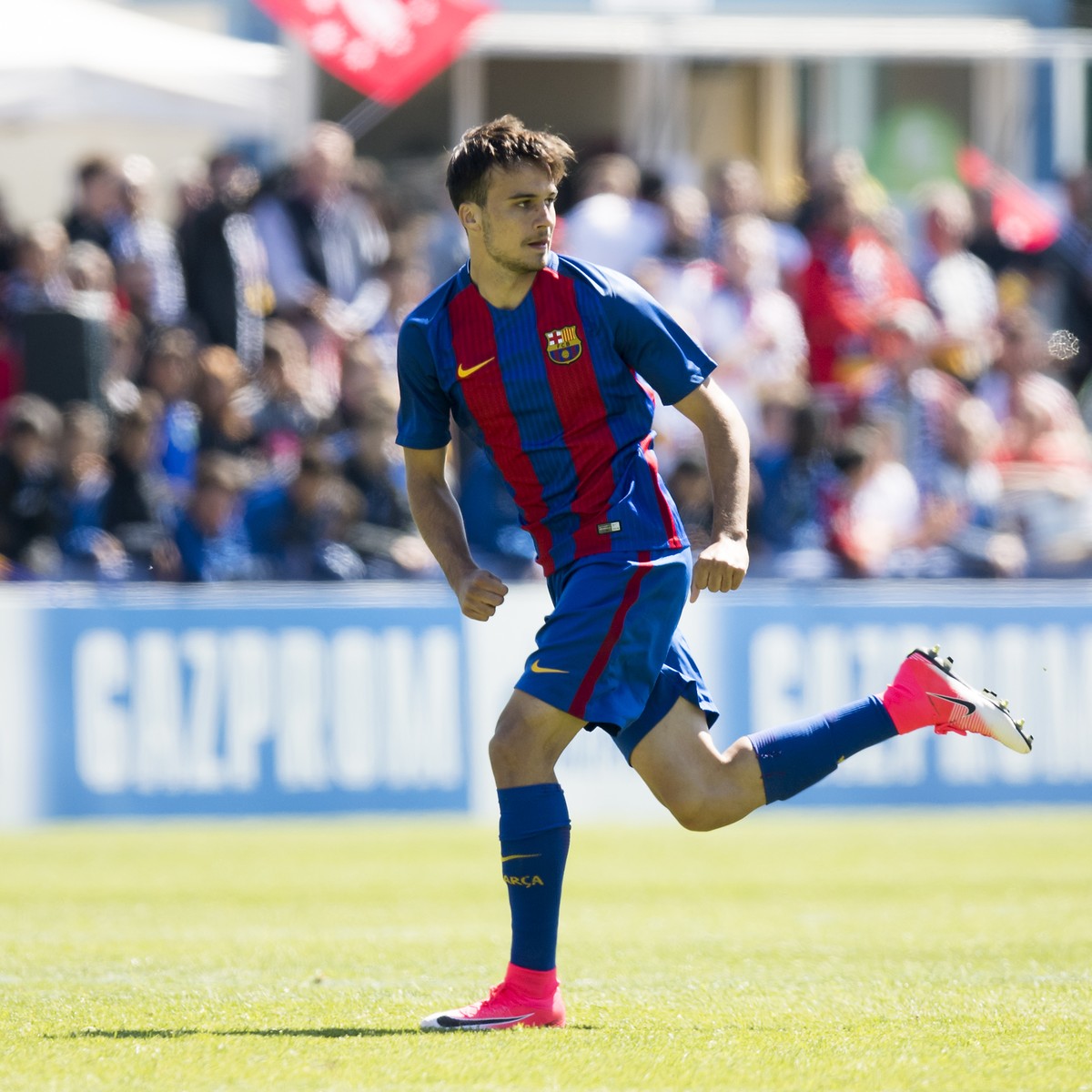 Barcelona's Jeremy Guillemenot from Switzerland, reacts during the UEFA Youth League semi-final match between FC Barcelona from Spain and FC Salzburg from Austria, at the stadium Colovray Sports  ...