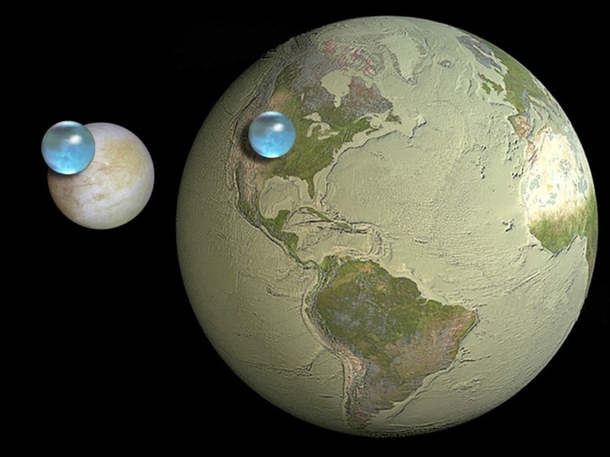 Karte: Alles Wasser auf dem Jupitermond Europa im Vergleich zu allem Wasser auf der Erde